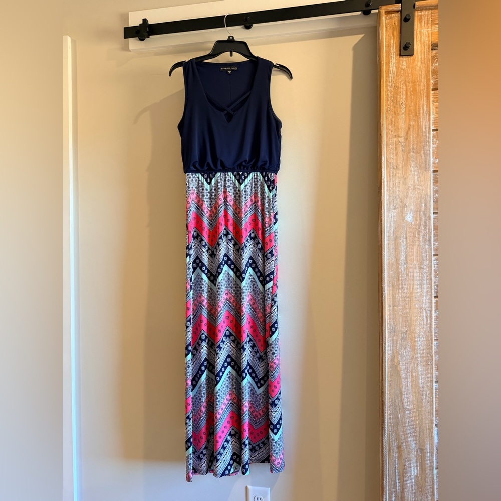 Three Hearts Navy and Multicolor Chevron Maxi Dress